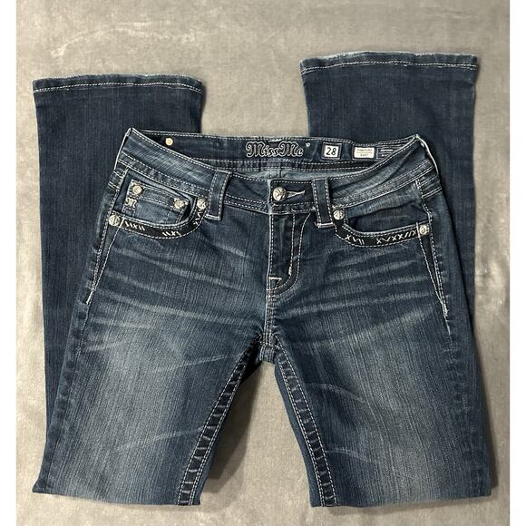 Miss Me Jeans Womens Size 28 Signature Boot Blue Denim Embellished Pockets - Picture 1 of 16